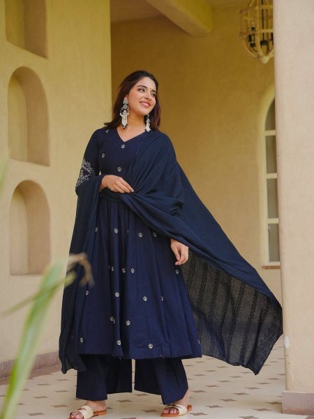 Grand Occasion  Blue Heavy Roman Silk Anarkali Suit with Rich Embroidery Work Ready To Wear Suit