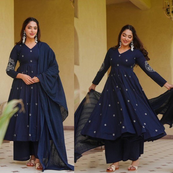 Grand Occasion  Blue Heavy Roman Silk Anarkali Suit with Rich Embroidery Work Ready To Wear Collection