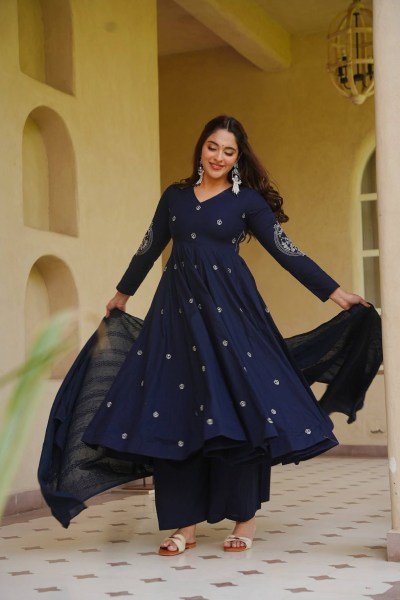 Grand Occasion  Blue Heavy Roman Silk Anarkali Suit with Rich Embroidery Work Ready To Wear Collection