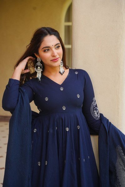 Grand Occasion  Blue Heavy Roman Silk Anarkali Suit with Rich Embroidery Work Ready To Wear Collection