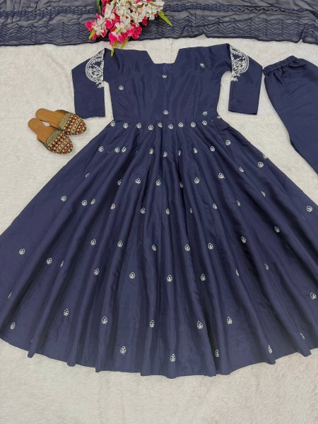 Grand Occasion  Blue Heavy Roman Silk Anarkali Suit with Rich Embroidery Work Ready To Wear Collection