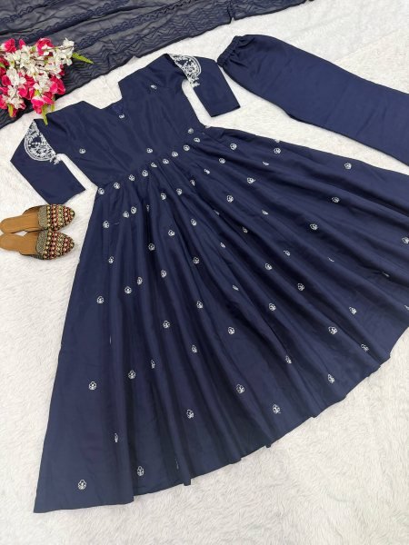 Grand Occasion  Blue Heavy Roman Silk Anarkali Suit with Rich Embroidery Work Ready To Wear Collection