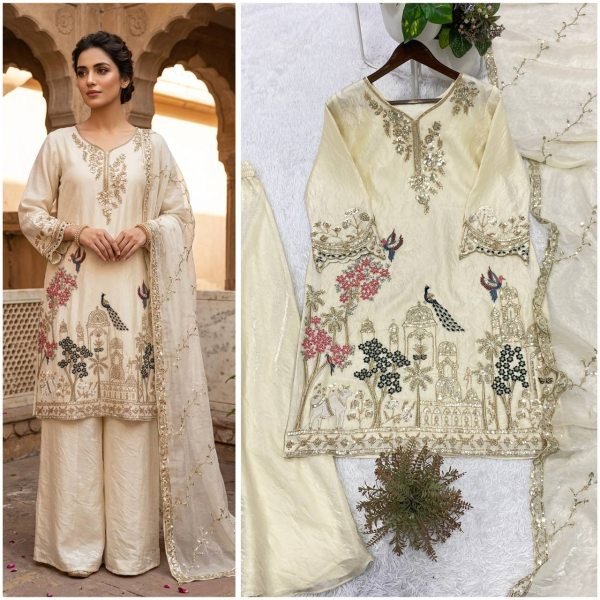 Designer Fendy  White Palazzo Suit with Beads & Sequence Embroidery Work Ready To Wear Collection