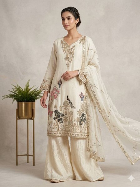 Designer Fendy  White Palazzo Suit with Beads & Sequence Embroidery Work Ready To Wear Collection