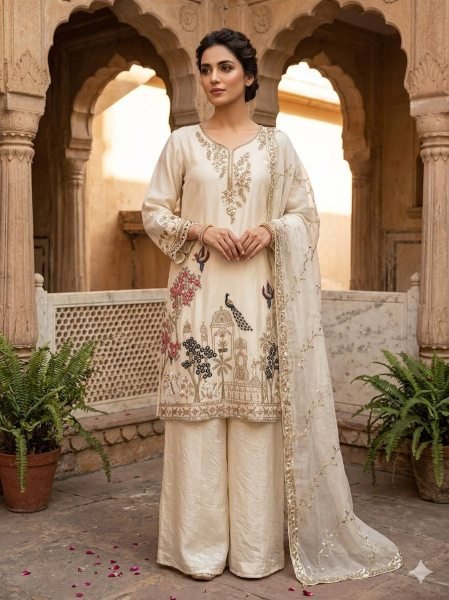 Designer Fendy  White Palazzo Suit with Beads & Sequence Embroidery Work Ready To Wear Collection