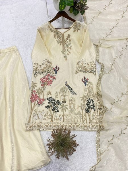 Designer Fendy  White Palazzo Suit with Beads & Sequence Embroidery Work Ready To Wear Collection