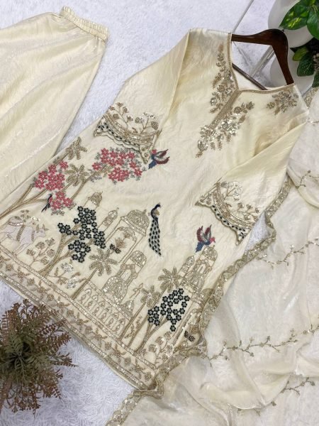 Designer Fendy  White Palazzo Suit with Beads & Sequence Embroidery Work Ready To Wear Collection