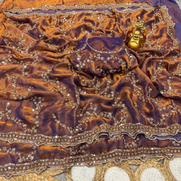 Grand Party Wear Space Silk Saree with Gold Beads and Cutdana Handwork At Wholesale Rates Silk Sarees Wholesale