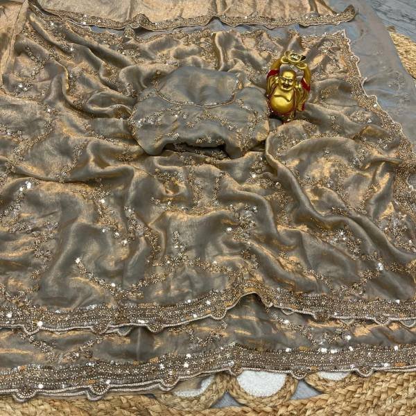 Grand Party Wear Space Silk Saree with Gold Beads and Cutdana Handwork At Wholesale Rates Silk Sarees Wholesale