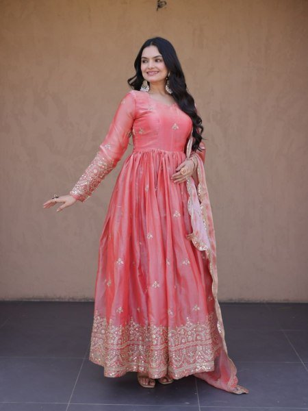 Grand Pink Celebration Wear Fendi Silk Gown with Zari Embroidered with Cutwork Lace Border Dupatta Ready To Wear Suit