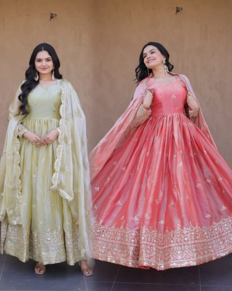 Grand Pink Celebration Wear Fendi Silk Gown with Zari Embroidered with Cutwork Lace Border Dupatta Ready To Wear Collection
