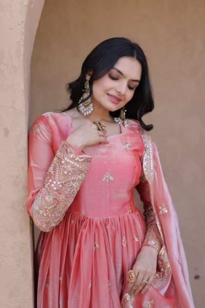 Grand Pink Celebration Wear Fendi Silk Gown with Zari Embroidered with Cutwork Lace Border Dupatta Ready To Wear Collection