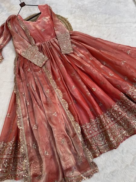 Grand Pink Celebration Wear Fendi Silk Gown with Zari Embroidered with Cutwork Lace Border Dupatta Ready To Wear Collection
