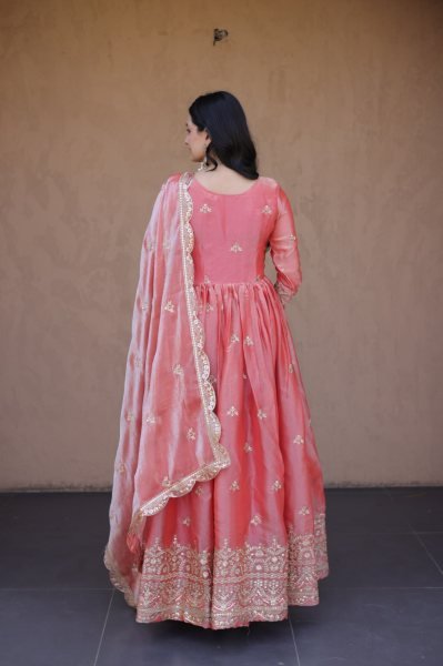 Grand Pink Celebration Wear Fendi Silk Gown with Zari Embroidered with Cutwork Lace Border Dupatta Ready To Wear Collection