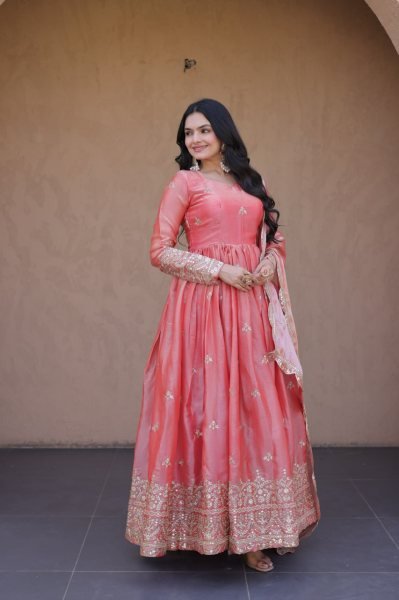 Grand Pink Celebration Wear Fendi Silk Gown with Zari Embroidered with Cutwork Lace Border Dupatta Ready To Wear Collection