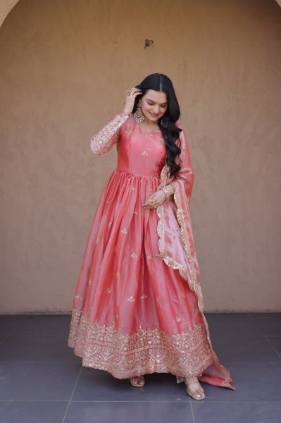 Grand Pink Celebration Wear Fendi Silk Gown with Zari Embroidered with Cutwork Lace Border Dupatta Ready To Wear Collection