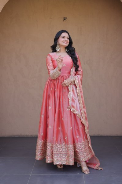 Grand Pink Celebration Wear Fendi Silk Gown with Zari Embroidered with Cutwork Lace Border Dupatta Ready To Wear Collection