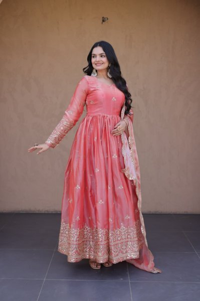Grand Pink Celebration Wear Fendi Silk Gown with Zari Embroidered with Cutwork Lace Border Dupatta Ready To Wear Collection