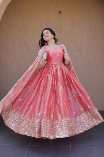 Grand Pink Celebration Wear Fendi Silk Gown with Zari Embroidered with Cutwork Lace Border Dupatta Ready To Wear Collection