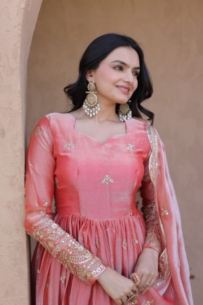 Grand Pink Celebration Wear Fendi Silk Gown with Zari Embroidered with Cutwork Lace Border Dupatta Ready To Wear Collection