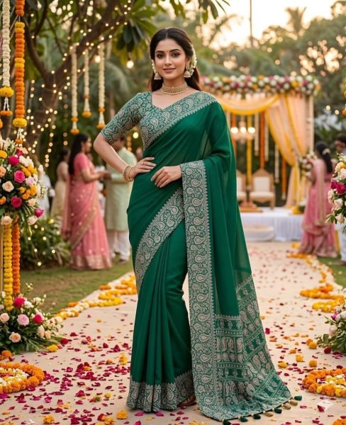 Green Ajrakh Gajji Silk Saree for Women Lightweight Designer Wear Silk Sarees Wholesale