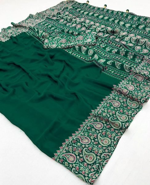 Green Ajrakh Gajji Silk Saree for Women Lightweight Designer Wear Silk Sarees Wholesale