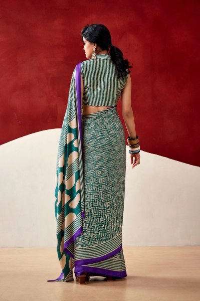 Green And Purple Geometric Printed Satin Saree With a Matching Blouse Piece Printed Cotton Sarees Wholesale