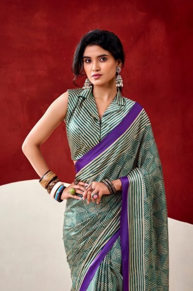 Green And Purple Geometric Printed Satin Saree With a Matching Blouse Piece Printed Cotton Sarees Wholesale