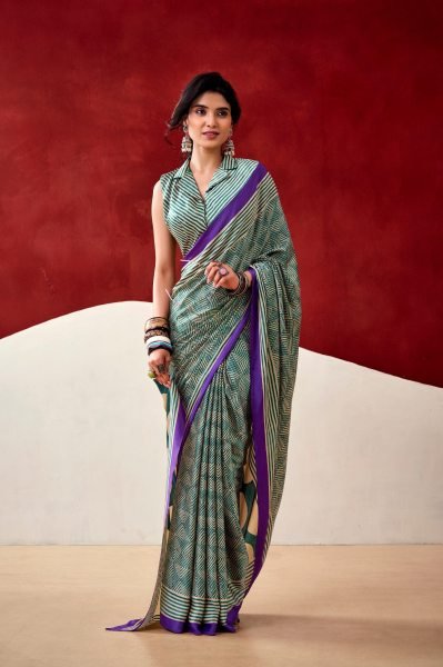 Green And Purple Geometric Printed Satin Saree With a Matching Blouse Piece Printed Cotton Sarees Wholesale