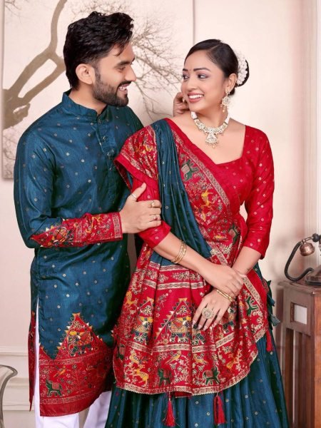 Teal Blue and Red Dola Silk Couple Set Festival Lehenga Choli with Mens Kurta Mens Wear