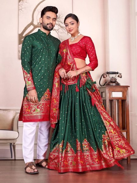Green and Red Dola Silk Lehenga Choli with Matching Mens Kurta Pajama Combo Set Mens Wear