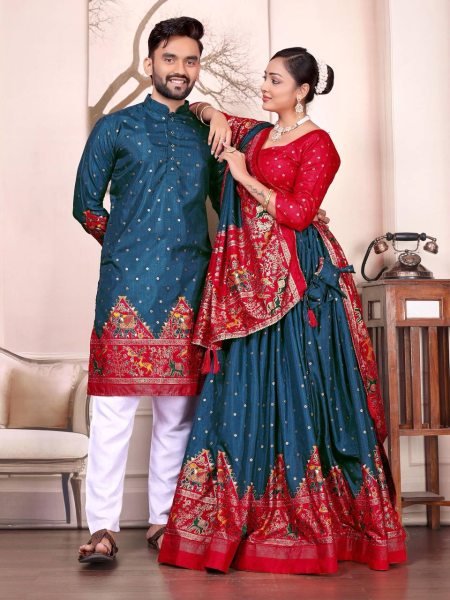 Teal Blue and Red Dola Silk Couple Set Festival Lehenga Choli with Mens Kurta Couple Combo collection 