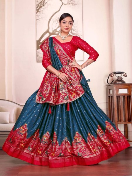 Teal Blue and Red Dola Silk Couple Set Festival Lehenga Choli with Mens Kurta Couple Combo collection 