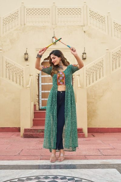 Green Bandhani Faux Georgette Kurti with Traditional Kutchi Work Best for Navratri Festivals Navratri Collection