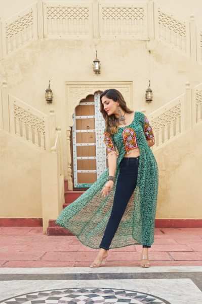 Green Bandhani Faux Georgette Kurti with Traditional Kutchi Work Best for Navratri Festivals Navratri Collection