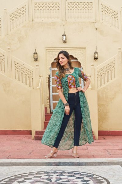 Green Bandhani Faux Georgette Kurti with Traditional Kutchi Work Best for Navratri Festivals Navratri Collection