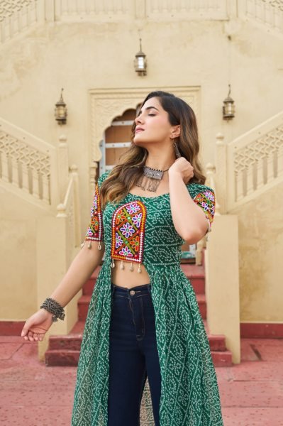 Green Bandhani Faux Georgette Kurti with Traditional Kutchi Work Best for Navratri Festivals Navratri Collection