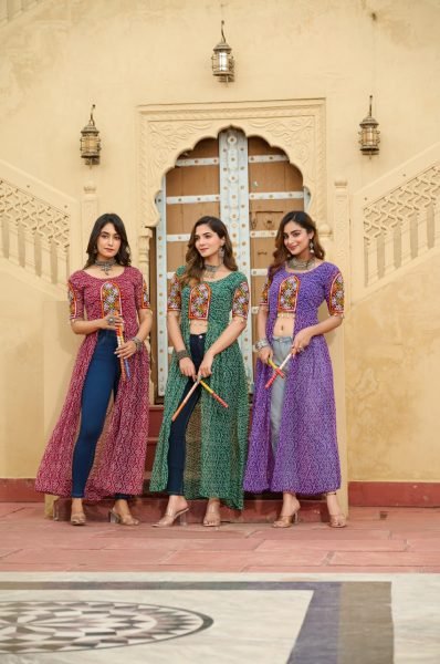 Green Bandhani Faux Georgette Kurti with Traditional Kutchi Work Best for Navratri Festivals Navratri Collection
