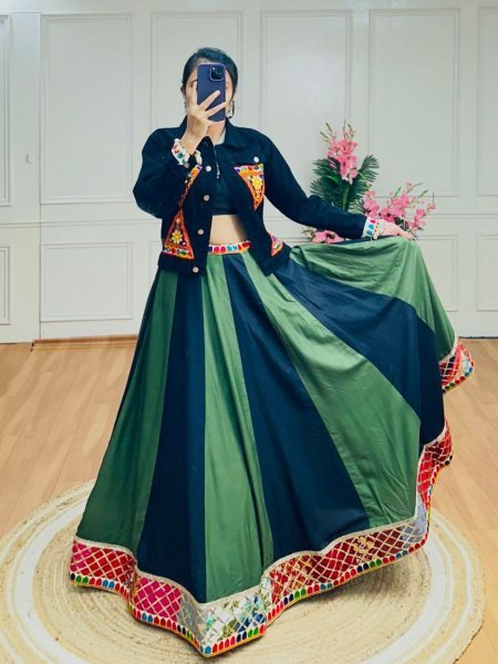 Green Black Contrast Rayon Lehenga with Cowrie Touch Jacket For Navratri Look 