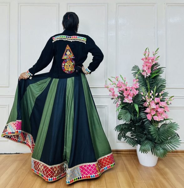 Green Black Contrast Rayon Lehenga with Cowrie Touch Jacket For Navratri Look Navratri Collection