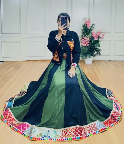 Green Black Contrast Rayon Lehenga with Cowrie Touch Jacket For Navratri Look Navratri Collection