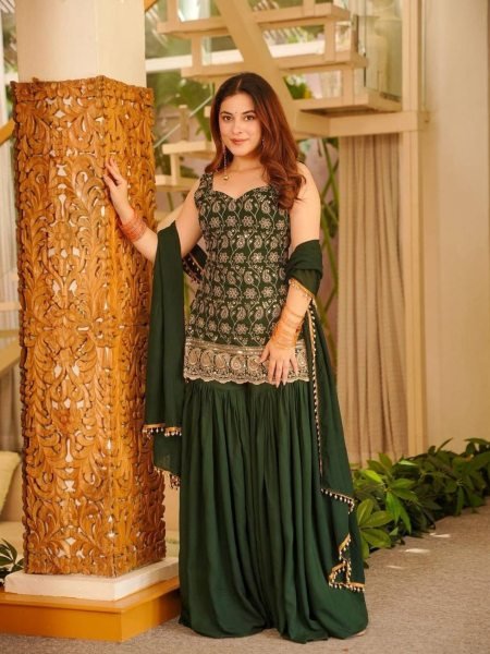 Green Blooming Faux Georgette Sharara Suit with Heavy Embroidery Sequence Work 