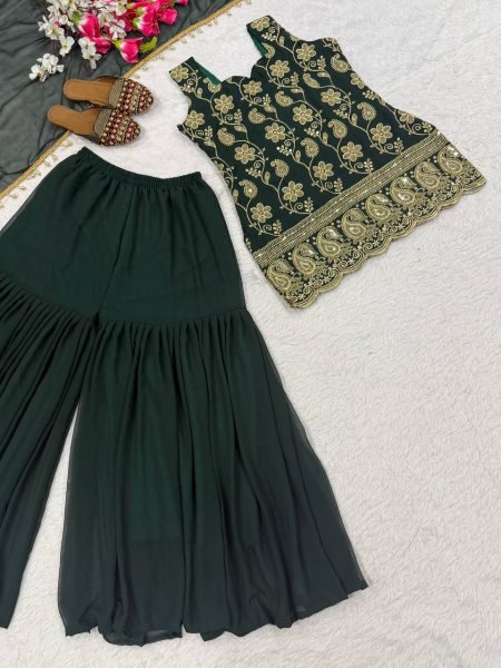 Green Blooming Faux Georgette Sharara Suit with Heavy Embroidery Sequence Work Ready To Wear Collection