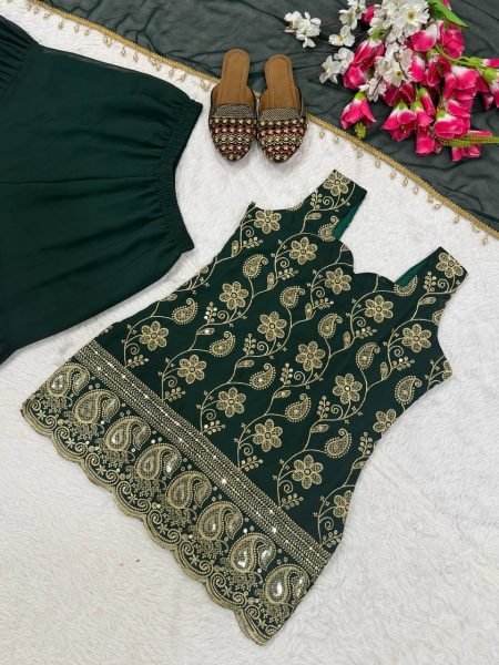 Green Blooming Faux Georgette Sharara Suit with Heavy Embroidery Sequence Work Ready To Wear Collection