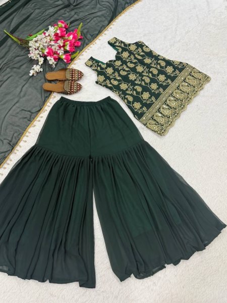 Green Blooming Faux Georgette Sharara Suit with Heavy Embroidery Sequence Work Ready To Wear Collection