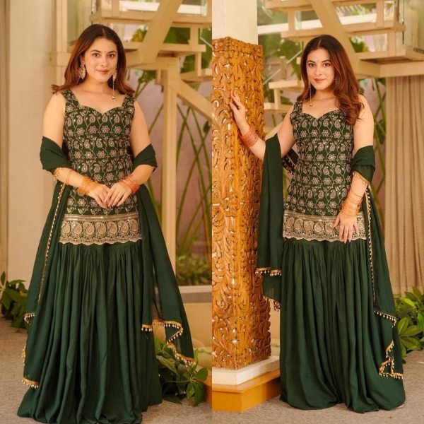 Green Blooming Faux Georgette Sharara Suit with Heavy Embroidery Sequence Work Ready To Wear Collection