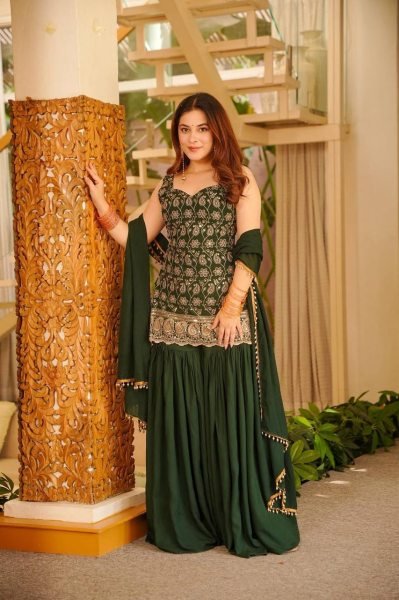 Green Blooming Faux Georgette Sharara Suit with Heavy Embroidery Sequence Work Ready To Wear Collection