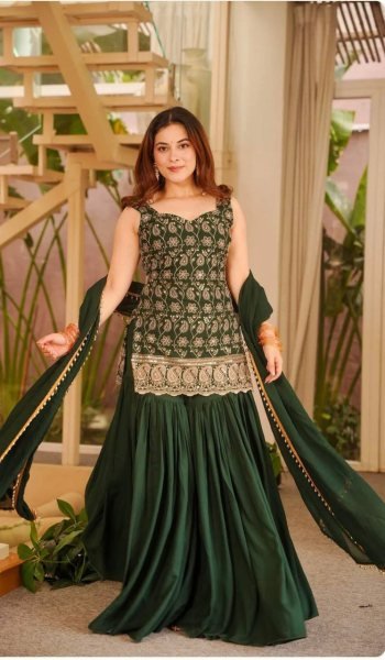 Green Blooming Faux Georgette Sharara Suit with Heavy Embroidery Sequence Work Ready To Wear Collection