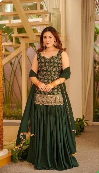 Green Blooming Faux Georgette Sharara Suit with Heavy Embroidery Sequence Work Ready To Wear Collection
