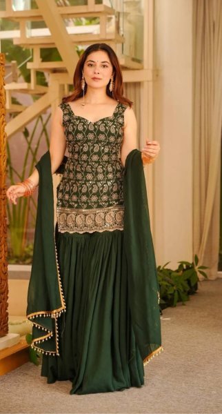Green Blooming Faux Georgette Sharara Suit with Heavy Embroidery Sequence Work Ready To Wear Collection